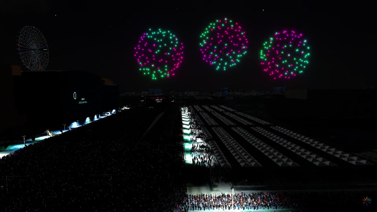 夜間場景：球狀煙火的實際軟體模擬畫面